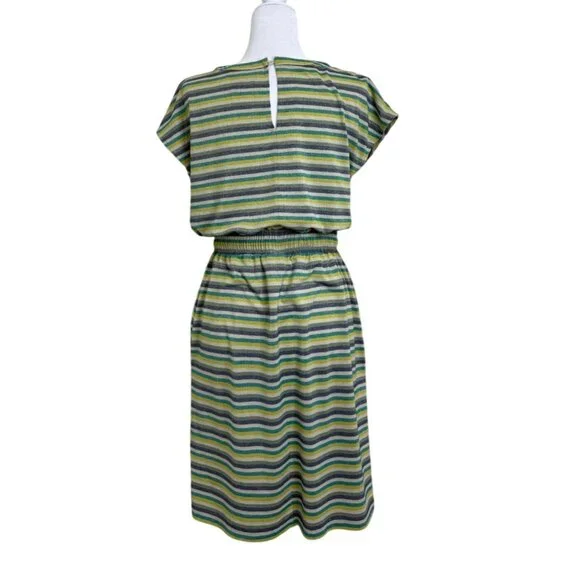 Donna Morgan Dress Short Sleeve Striped Metallic Green Yellow Elastic Waist Sz 4 - Picture 3 of 9